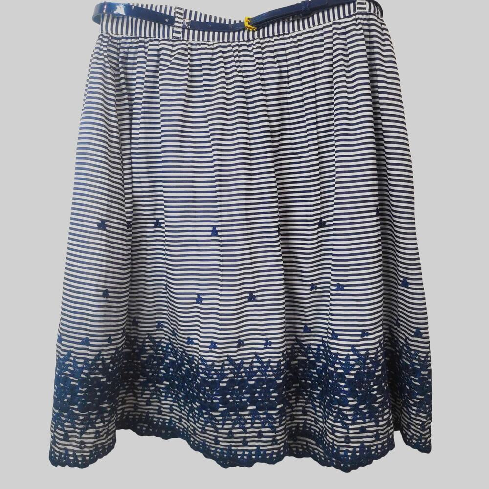 Kate Spade Blue Lawson Skirt A Line Floral Stripes Knee Length Belt Size 2 #267 - Picture 2 of 11
